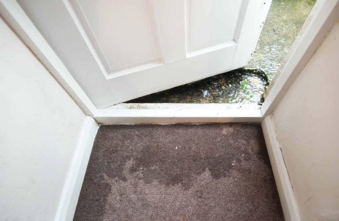 a white door is cracked open, revealing pooling water outside of it. Inside the door, there is wet, damaged burgundy carpet